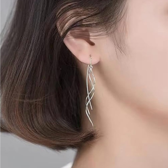 5/$25 Sleek Silver Dangle Curve Chain Threader Earrings - Picture 1 of 2
